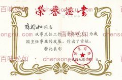 China Cuisine Association Honor Certificate, dated April 1989, commending Comrade Chen Songru for “over thirty years in the culinary profession, having made contributions to the development of China's culinary industry.” Confirmed by family
